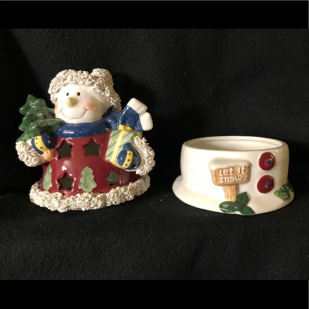 🆕 NWOT - Ceramic 2 Piece Snowman Candle Holder ⛄️🎄🕯